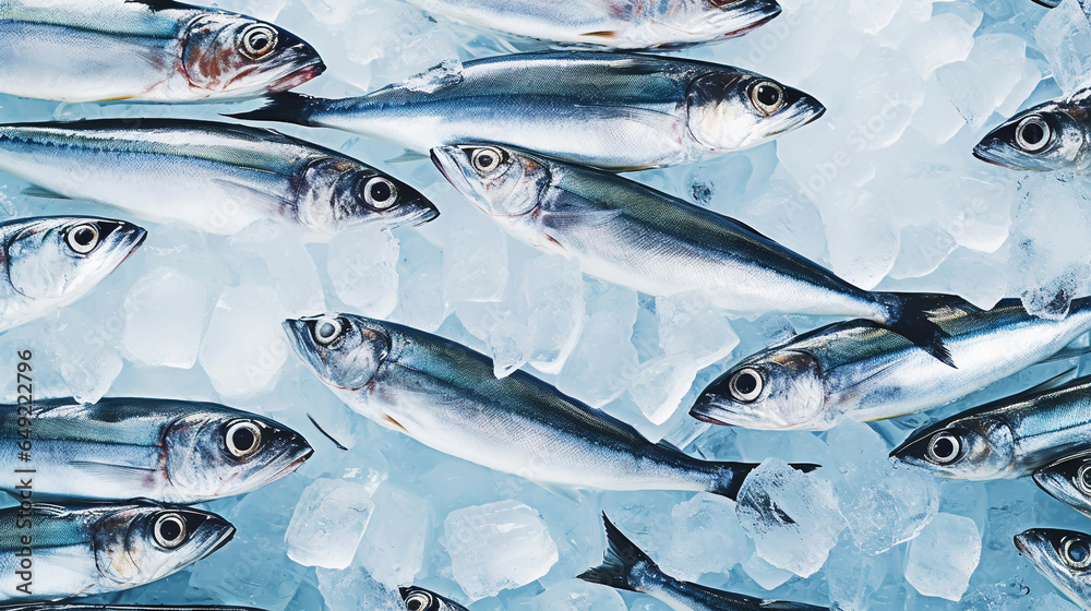  Fresh sardines on ice. Seafood background. Generative AI