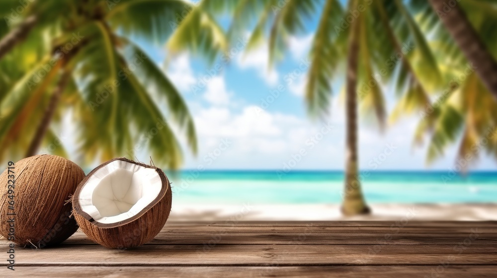 The empty wooden table top with coconut palms near sea in background, Product display template.