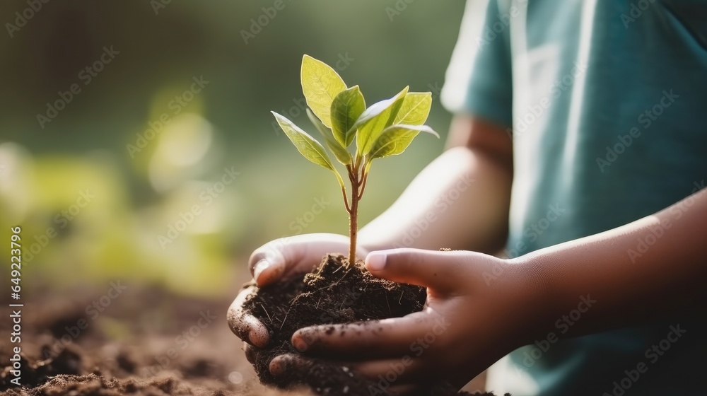 Child hand holding tree, Forest conservation concept.