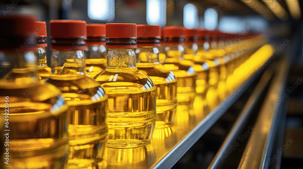 Factory production line efficiently filling bottles with refined sunflower seed oil.