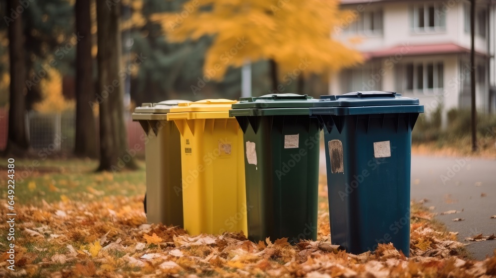 Recycling bins in park, Public recycling bins.