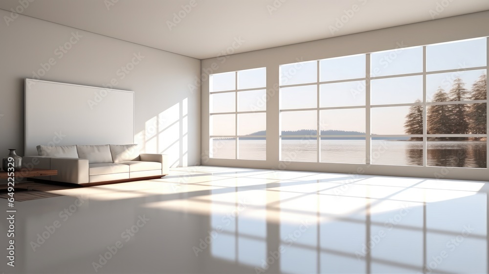 Aesthetic modern minimalist living room with sofa and panoramic windows, Decor big mirror on the white wall.