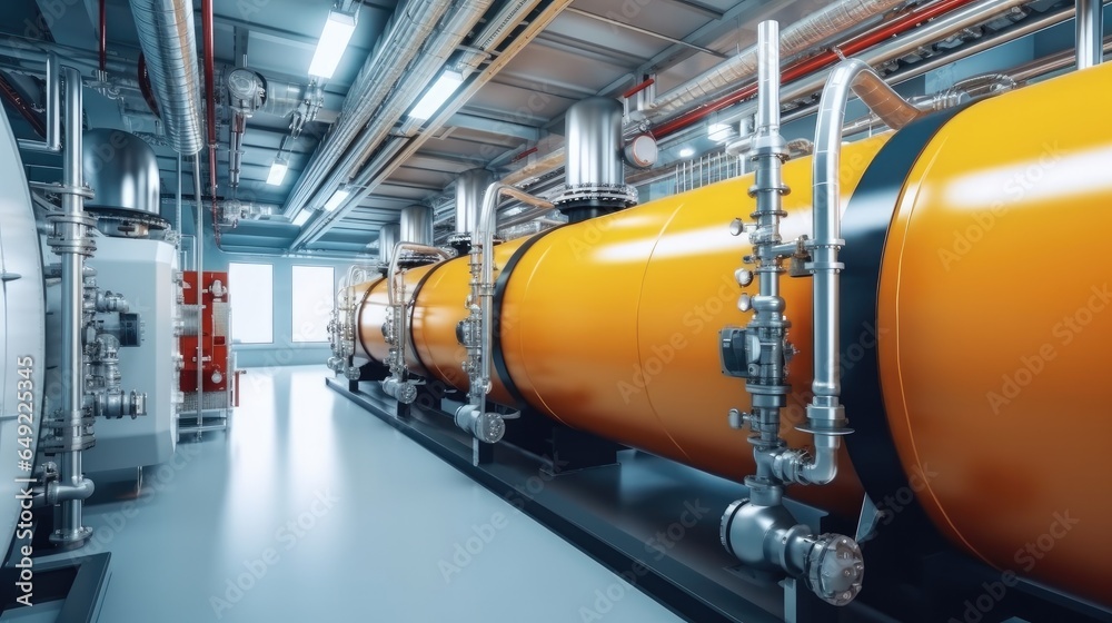 Interior of modern industrial boiler room with large metal tanks and pipes at industry factory.