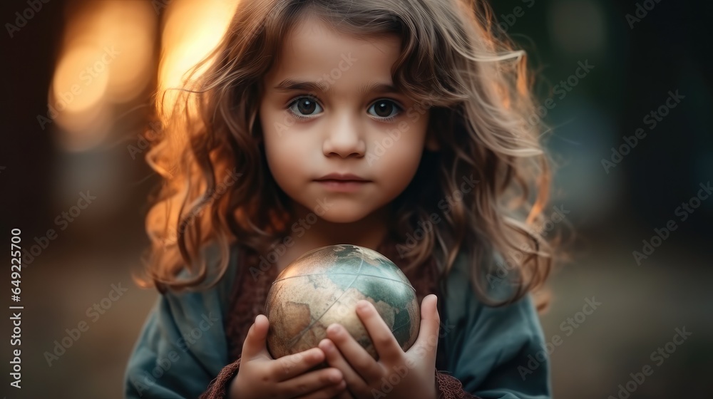 Cute girl holding a globe in her hand, Environment, Earth Day, New generation future concept.