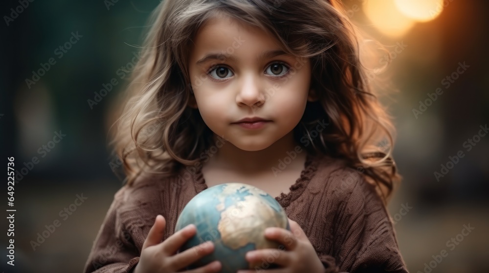 Cute girl holding a globe in her hand, Environment, Earth Day, New generation future concept.