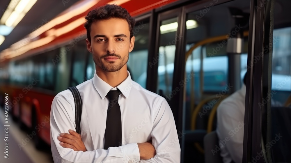 Man standing in front of a bus, Public transport driver occupation.