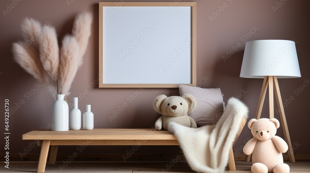 Mockup frame white in children room with natural wooden furniture, Farmhouse style interior background.