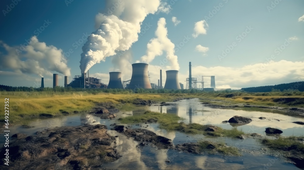 Nuclear power station with steaming cooling towers.