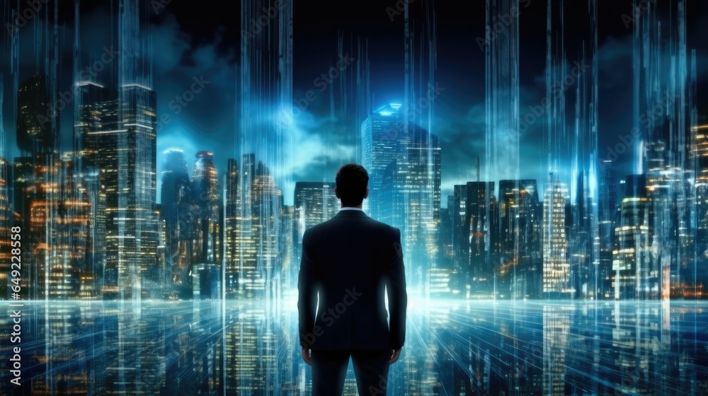 Businessman standing in cyberspace, Technology, big data and blockchain concept.