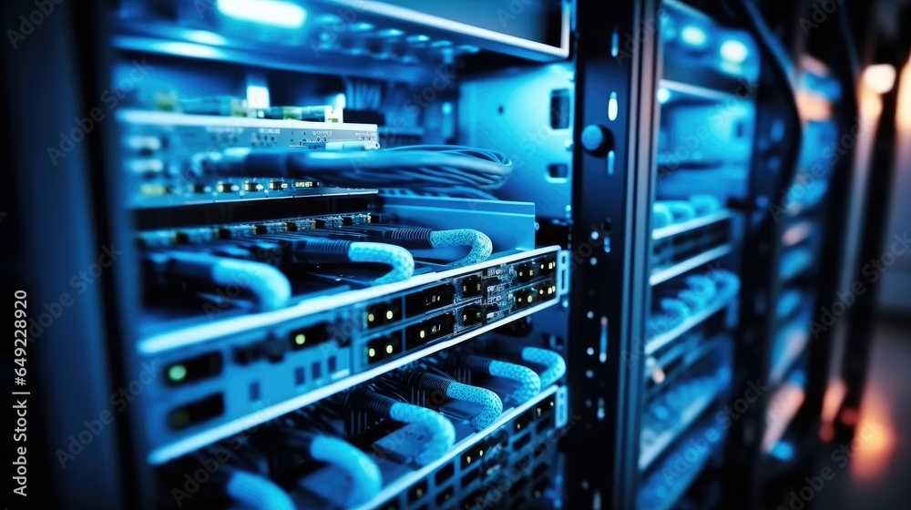 Internet cables and wires in server room with switch in company on the development of a quantum computer, Network background.