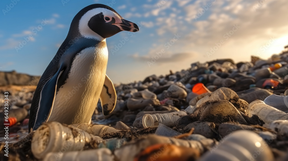 The penguin is standing on the shore surrounded degrading bits of plastic, Environmental disaster in sea.