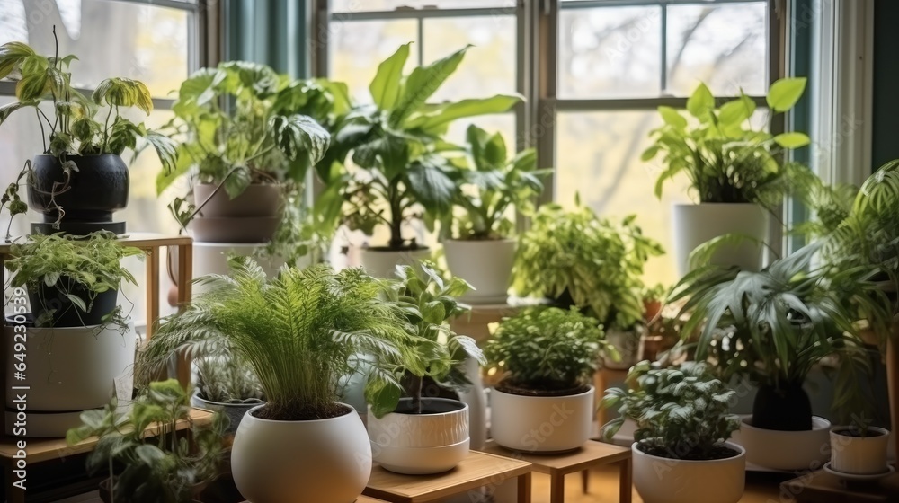 Lush vegetation, Variety of indoor plants in home.