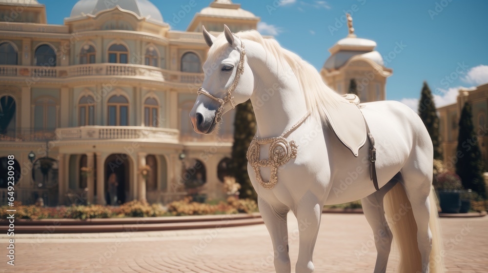 White horse with shiny fur standing outside a large mansion in sunny day.