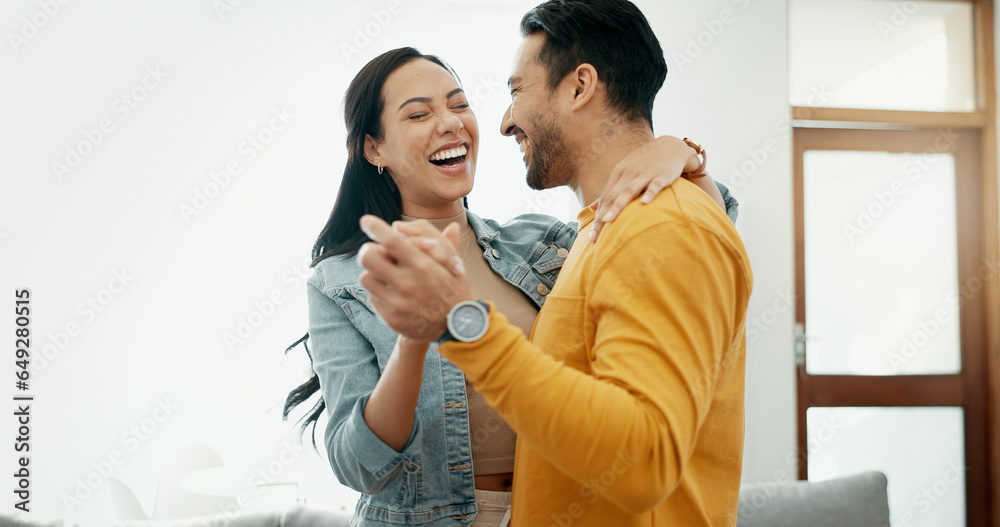 Couple, dancing in living room and love, bonding and happy people together at home. Healthy relationship, trust and support in commitment, partner and marriage, romance and intimacy with laughter