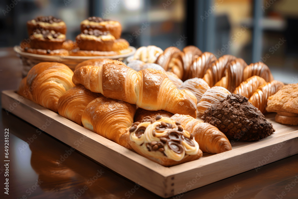 Varity of pastries and bread in wicker basket on modern bakery shop. Food and bakery in kitchen concept