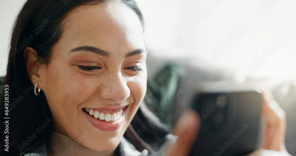 Woman, phone texting and laugh closeup at home with social media post, networking and online on a sofa. Mobile app, chat message and typing on a living room couch with digital entertainment and tech