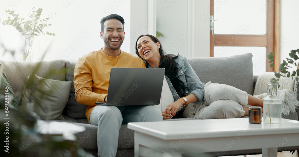 Couple, laptop and laugh on sofa in home for meme, watch movies and streaming funny multimedia. Happy man, woman and relax at computer in living room on social media, web subscription or comedy show