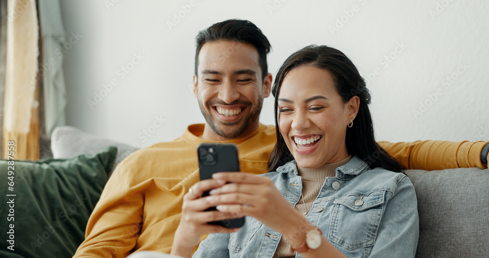 Couple, laugh and talking on sofa with phone for social media post, subscription and reading funny notification. Happy man, woman and scroll on smartphone for meme, web app and relax in living room