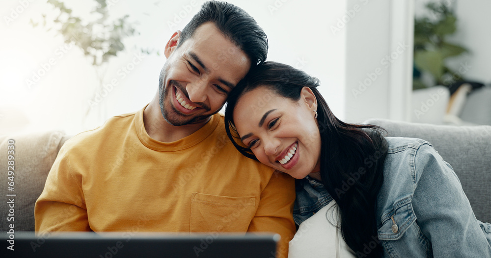 Happy couple, laptop and relax in home for love, watch comedy movies or scroll website for online shopping. Man, woman and laugh for funny joke on computer, social media subscription and meme on sofa