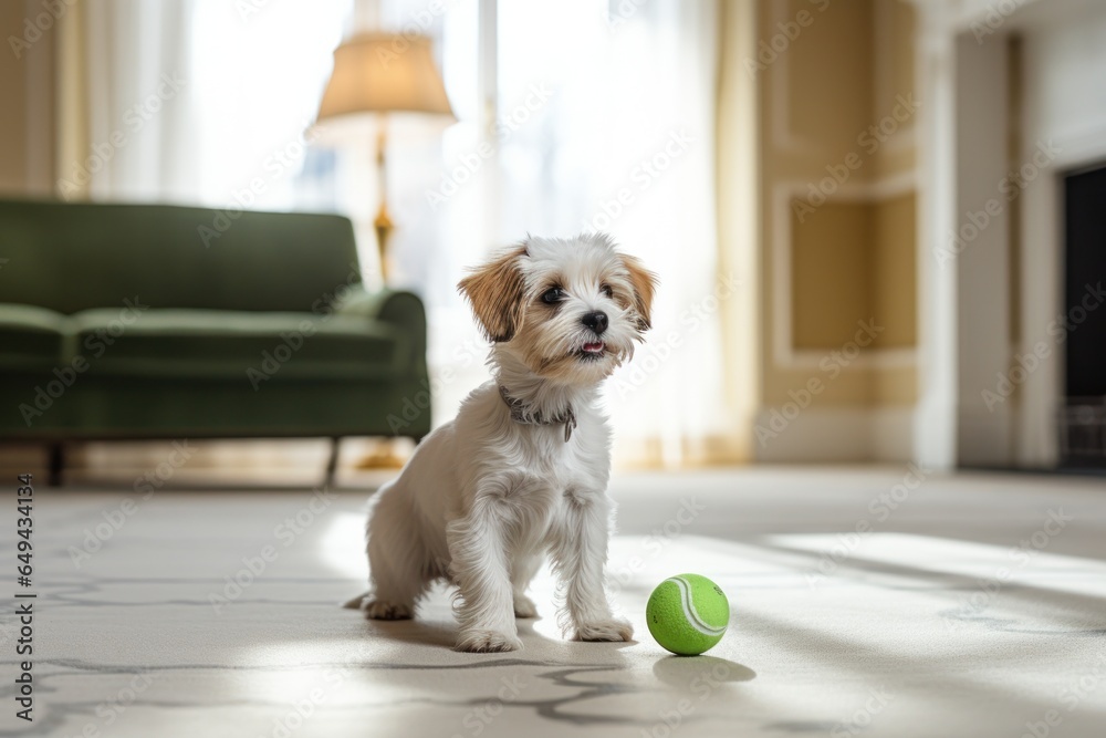 Dog taking off his leash and playing with green ball