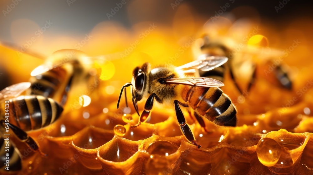 Bees occupying honeycombs in the early morning