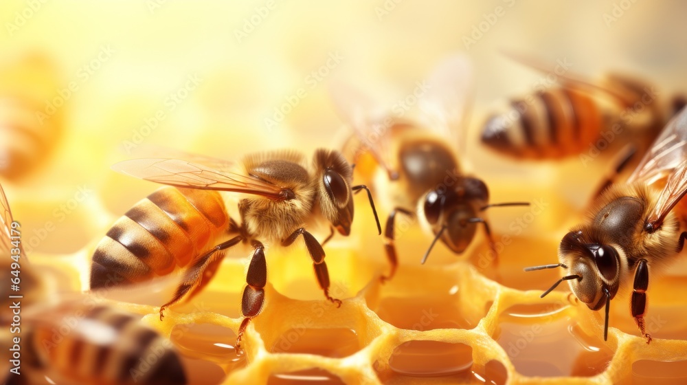 Bees occupying honeycombs in the early morning