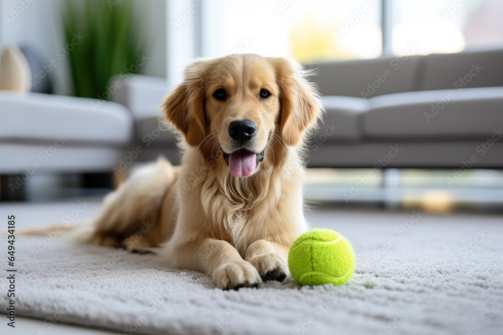 Dog taking off his leash and playing with green ball