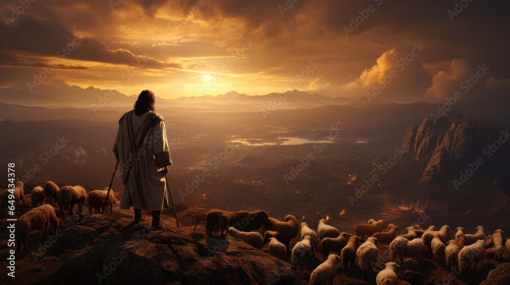 Jesus shepherding the sheep in evening sky