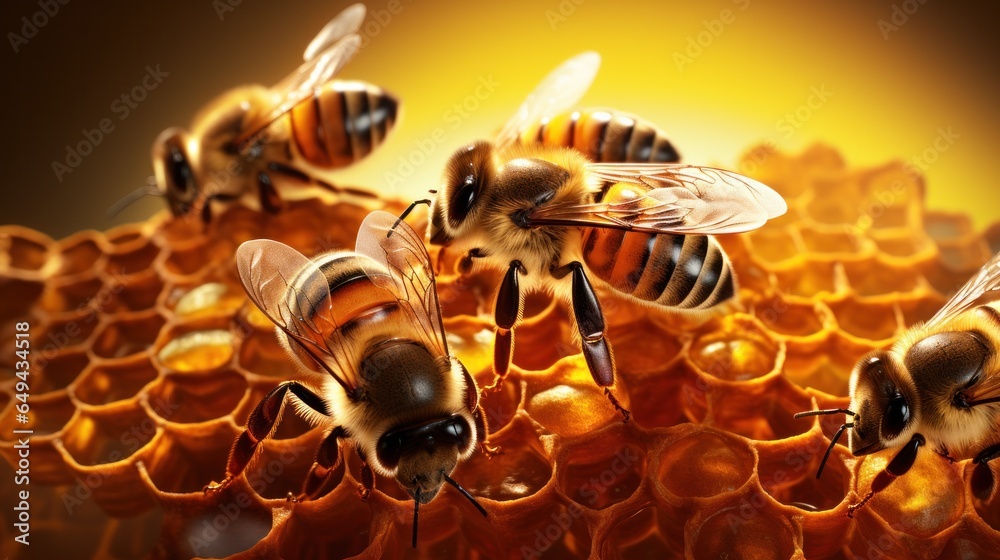 Bees occupying honeycombs in the early morning