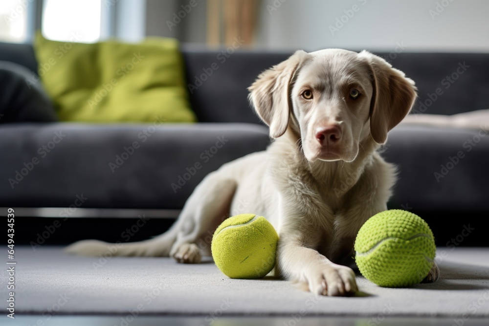 Dog taking off his leash and playing with green ball