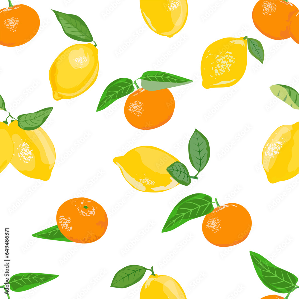 Seamless vector pattern with tangerines and lemons. citrus seamless vector pattern