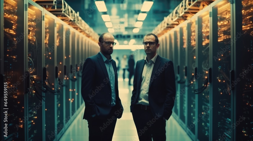 Two businessmen engaged in a discussion in a modern data center surrounded by servers.