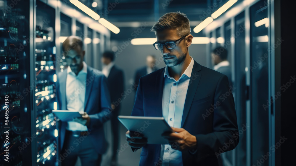 Two specialist holding laptop are checking and talking at a data center.