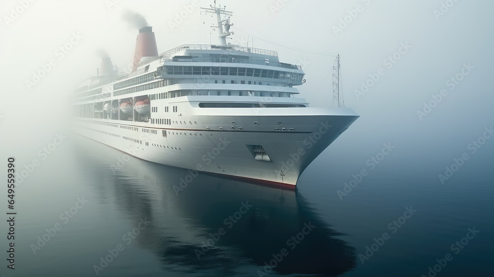 White cruise ship in the ocean shrouded in thick fog. Tourist travel concept.