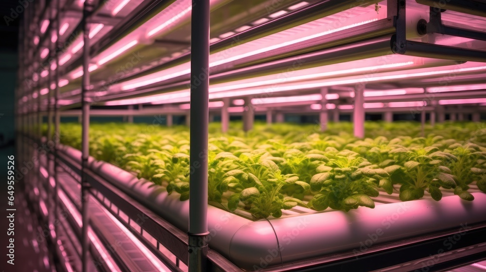 Greenhouse with a hydroponic system and pink LED grow lights.