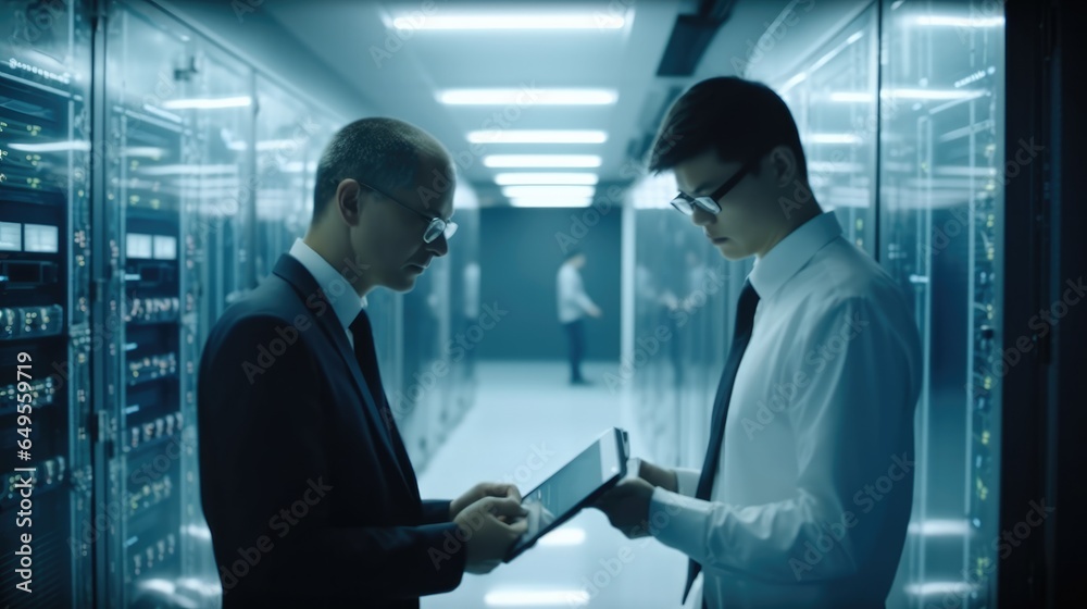 Two businessmen engaged in a discussion in a modern data center surrounded by servers.