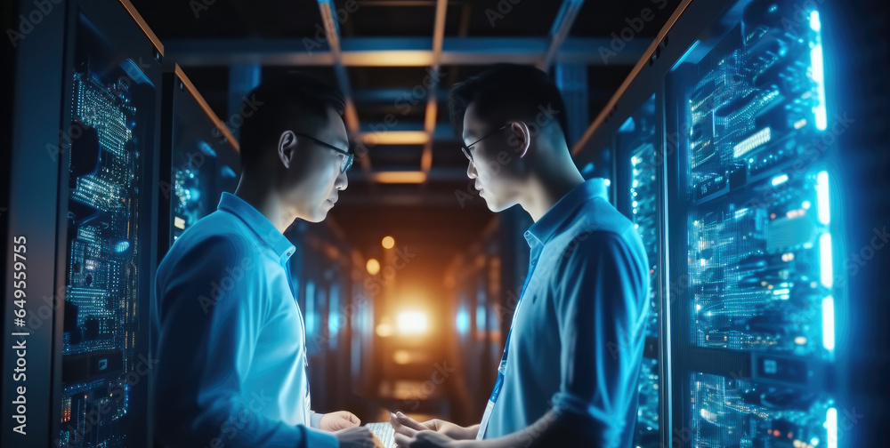 Two businessmen engaged in a discussion in a modern data center surrounded by servers.