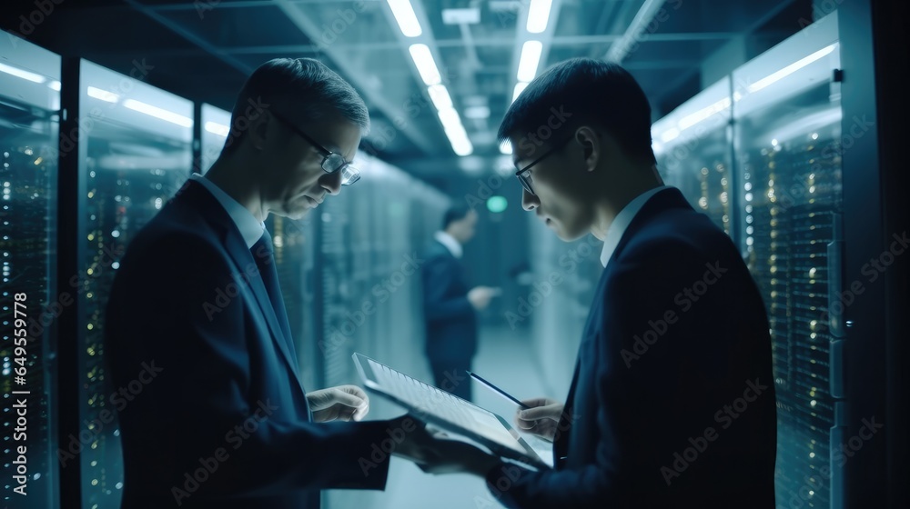 Two businessmen engaged in a discussion in a modern data center surrounded by servers.