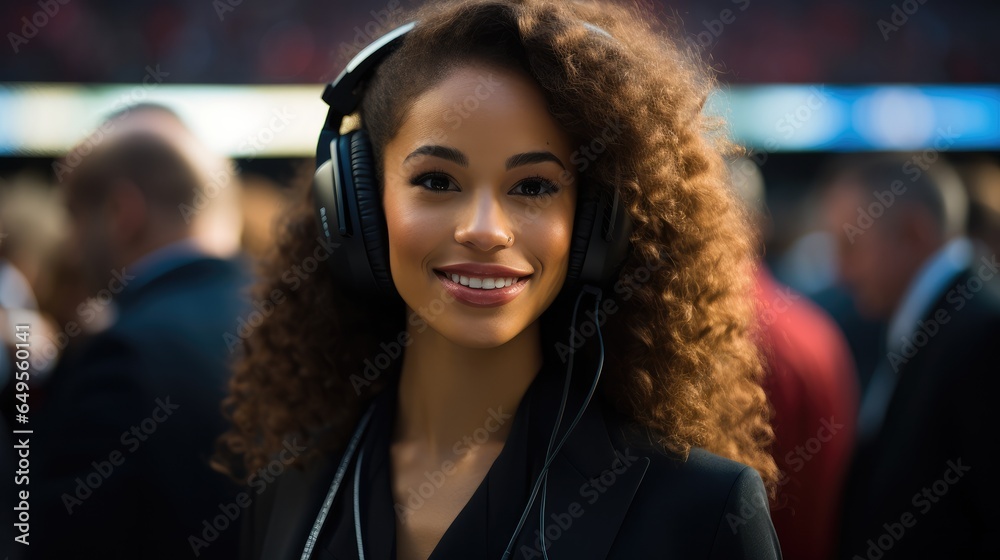 Beautiful black woman sideline analyst holding microphone on the sideline facing camera.