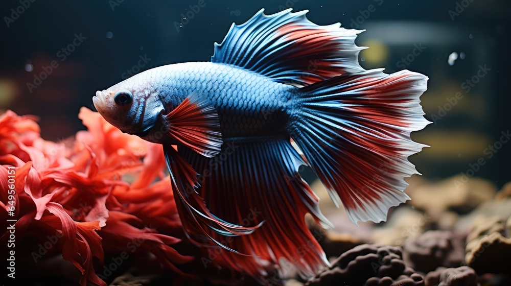 Beautiful Betta fish with long fins, Red blue and white color scheme.