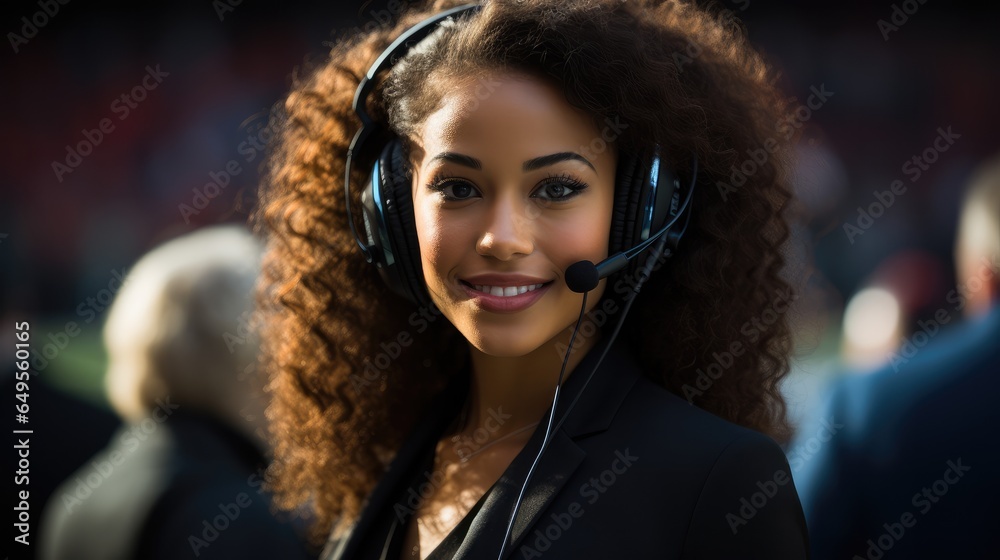 Beautiful black woman sideline analyst holding microphone on the sideline facing camera.