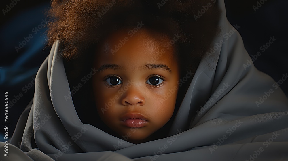 Black newborn baby on bed in home.