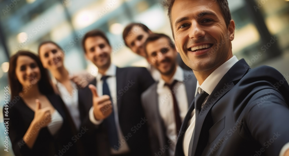 Business man take a selfie with business team.