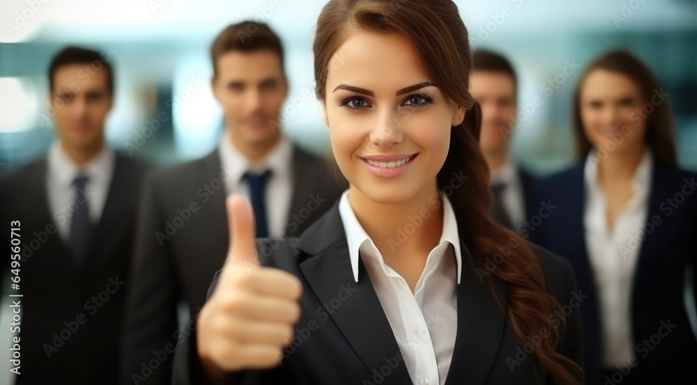 Young friendly business woman showing thumbs up sign in front of business team.