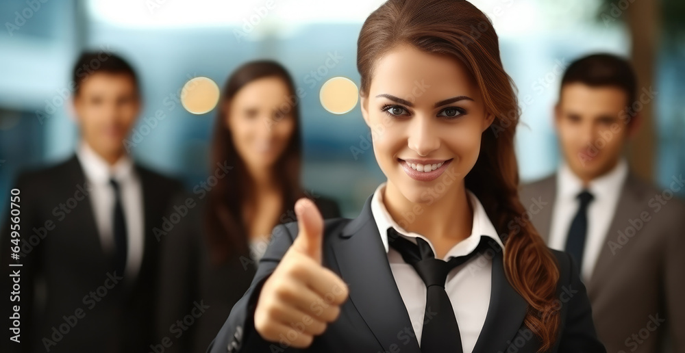 Young friendly business woman showing thumbs up sign in front of business team.