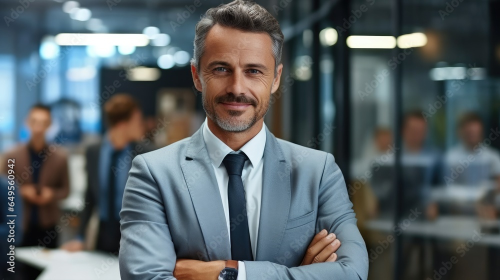 Portrait of confident mature good looking middle aged leader, CEO businessman in suit on office multiethnic employees background.