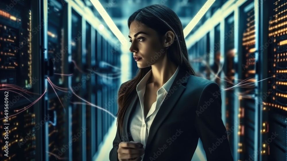 Businesswoman working in a data center with server racks, wires and servers.