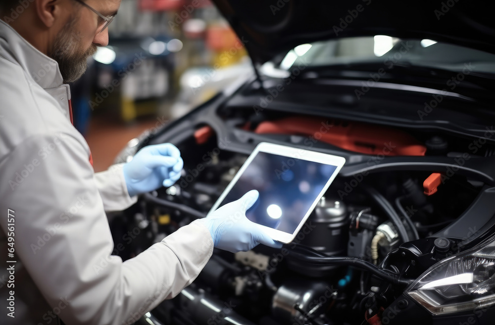 Mechanic in white gloves using special digital tablet used for automobile checkup and fixing damaged car parts in service station.