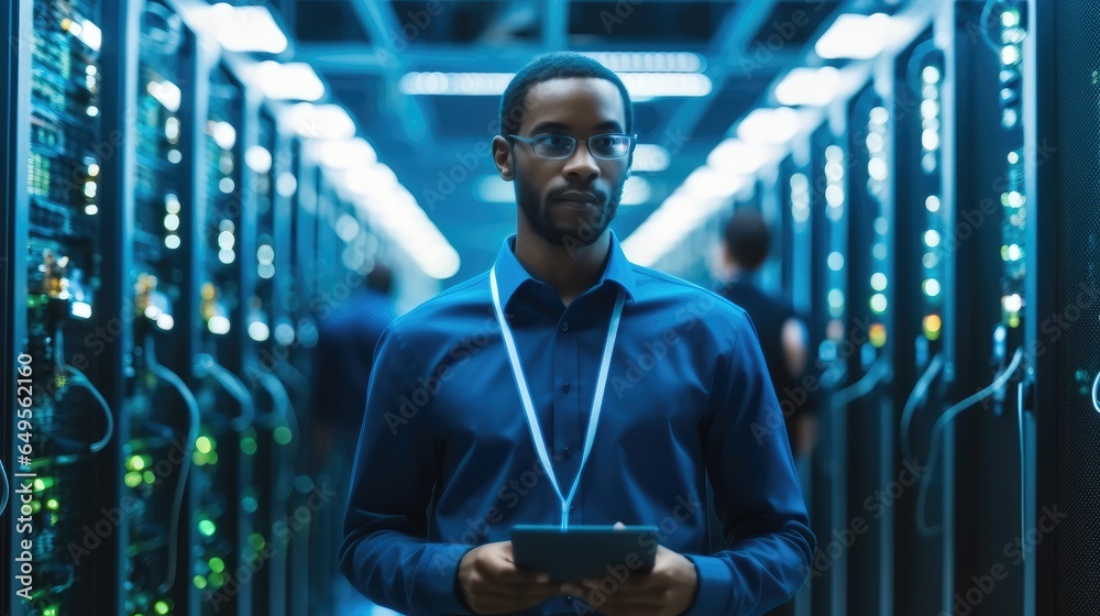 Data center officer working in a data center with server racks, wires and servers.