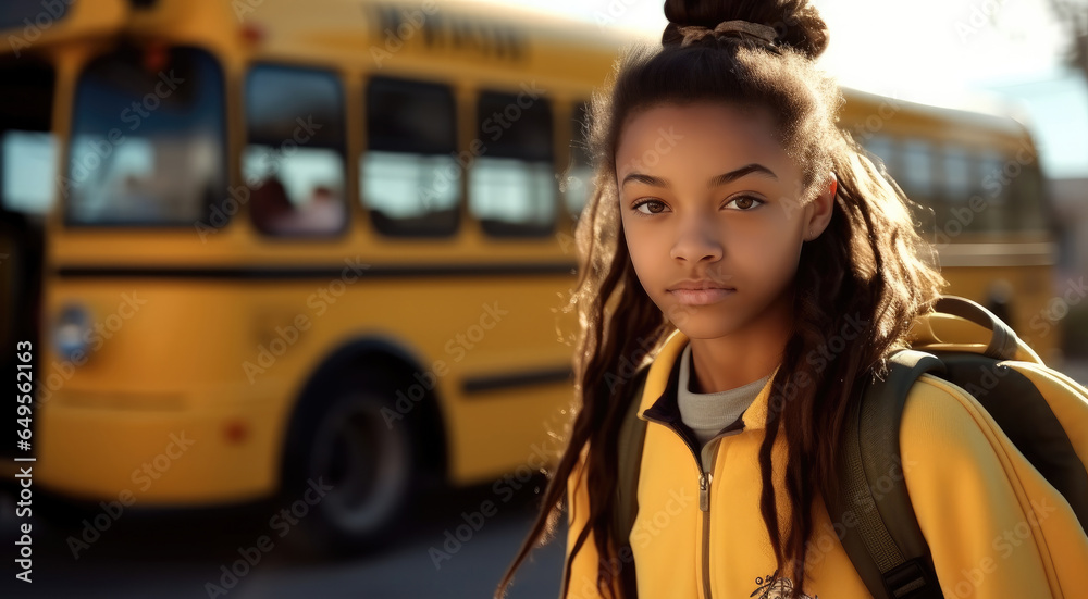 Beautiful schoolgirl with backpack standing in front of yellow school bus.